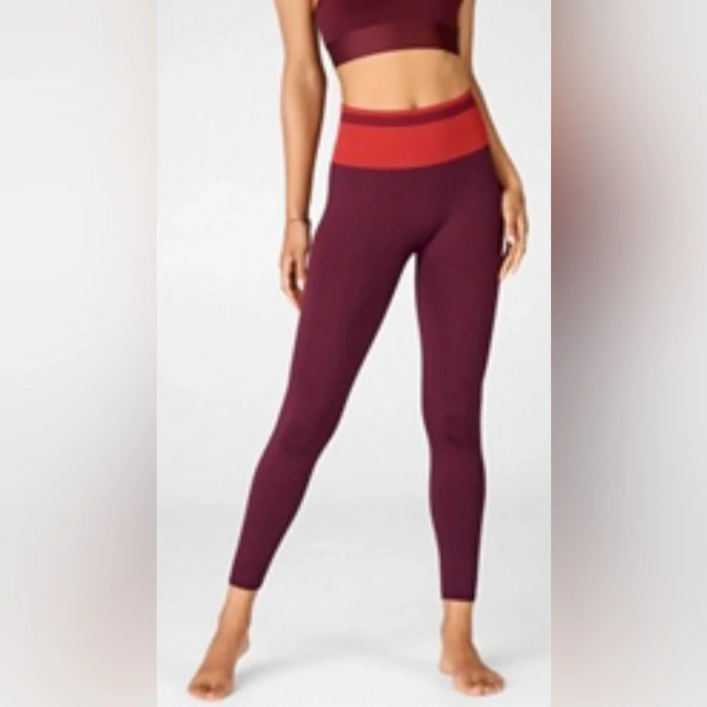 High-Waisted Seamless Stripe 7/8 Leggings Burgundy Red Colorblock Size S - Picture 2 of 6